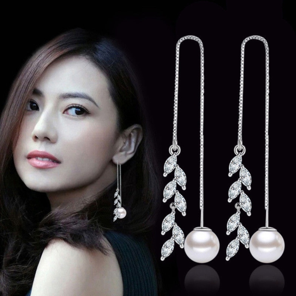 Cubic Zirconia Faux Pearl Threader Hanging Earrings